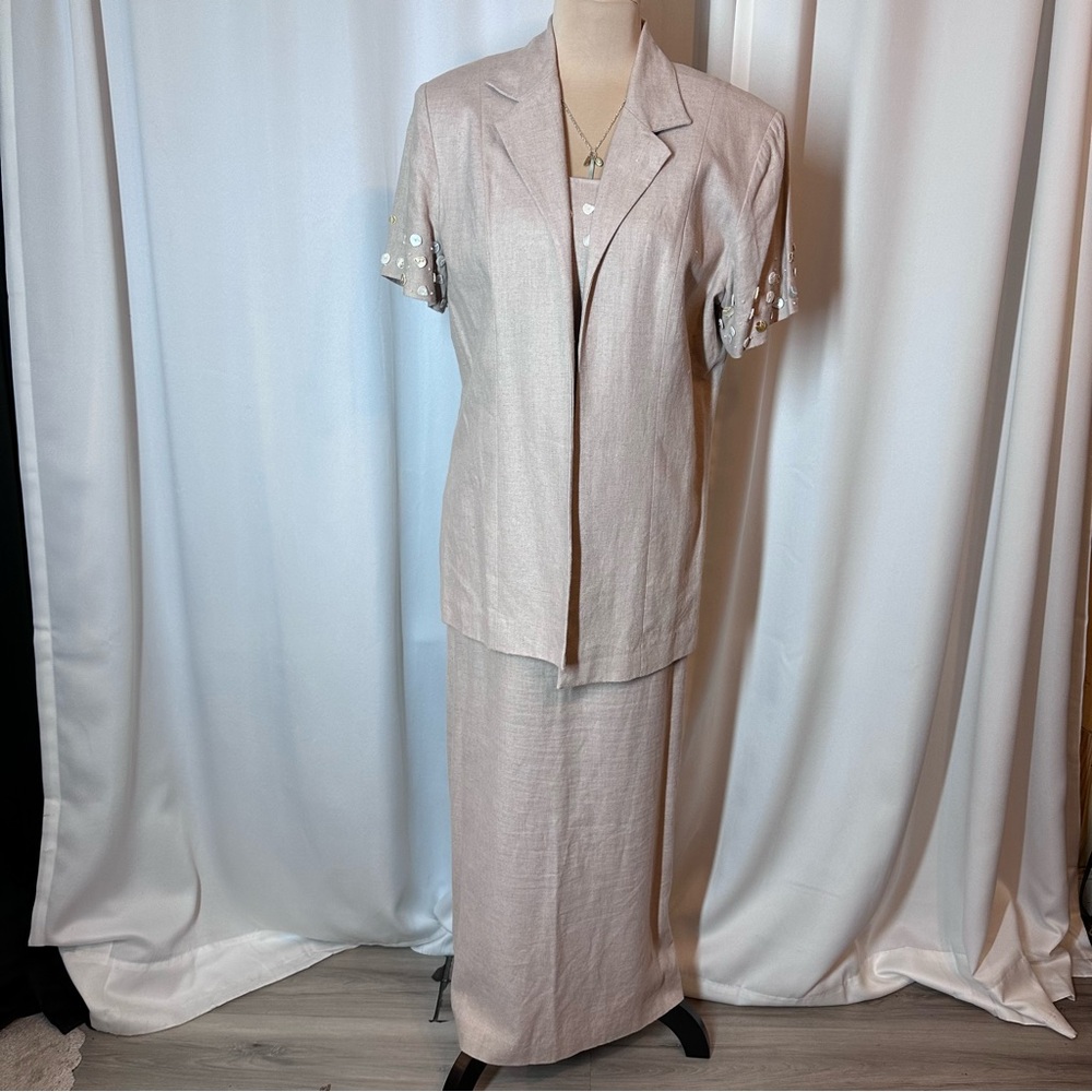 Jessica Howard Dress Suit Women 14P Maxi Linen Lined Embellished Coastal Wedding